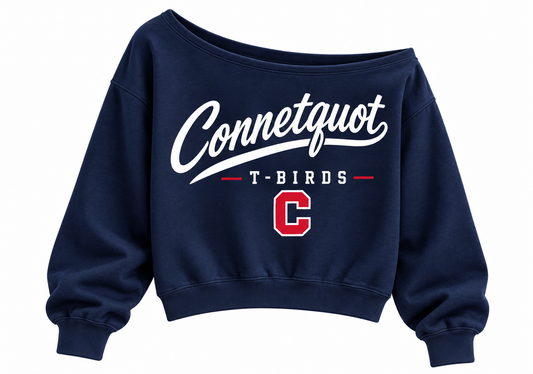 Connetquot T-Birds Women's Heritage Script Off-Shoulder Crop Sweatshirt in Navy