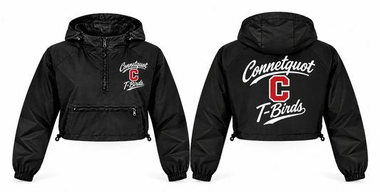Connetquot T-Birds Women's Script Crop Windbreaker - Front & Back in black