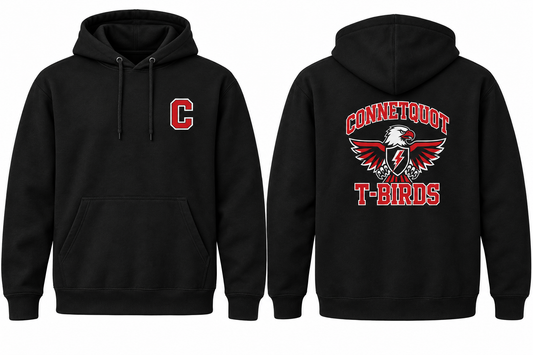CONNETQUOT T-BIRDS black hoodie front and back