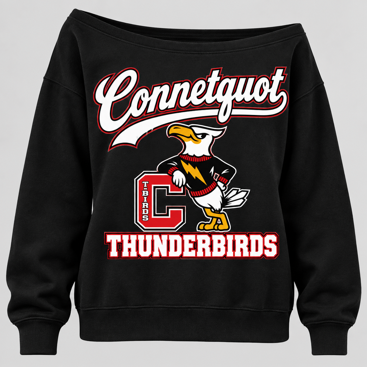 Connetquot T-Birds Women's Heritage Script Wide-Neck Sweatshirt in Black