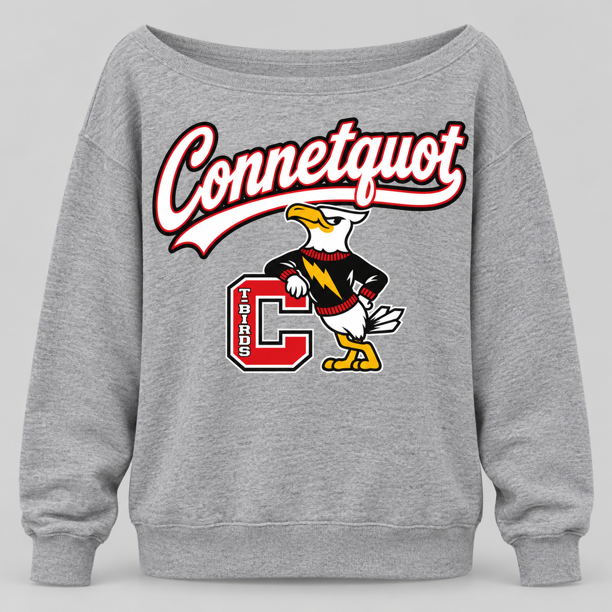 Connetquot T-Birds Women's Heritage Script Wide-Neck Sweatshirt in Heather Gray