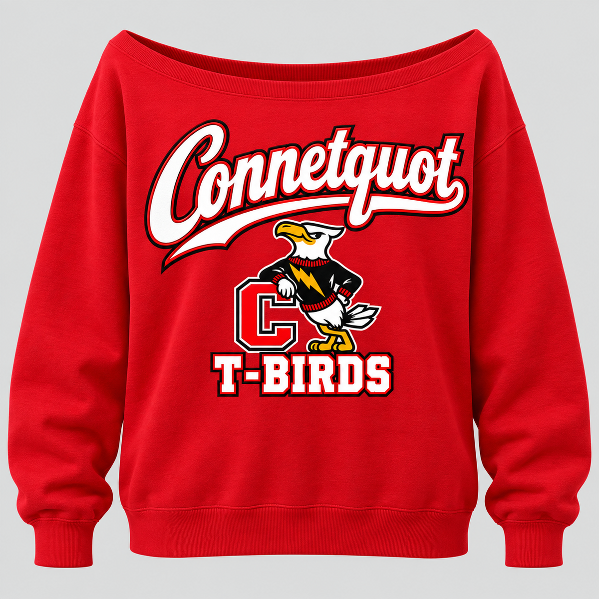 Connetquot T-Birds Women's Heritage Script Wide-Neck Sweatshirt in Red