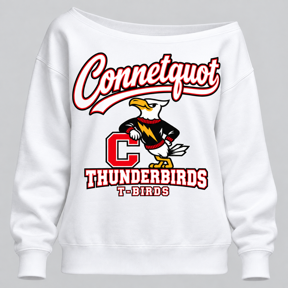 Connetquot T-Birds Women's Heritage Script Wide-Neck Sweatshirt in White