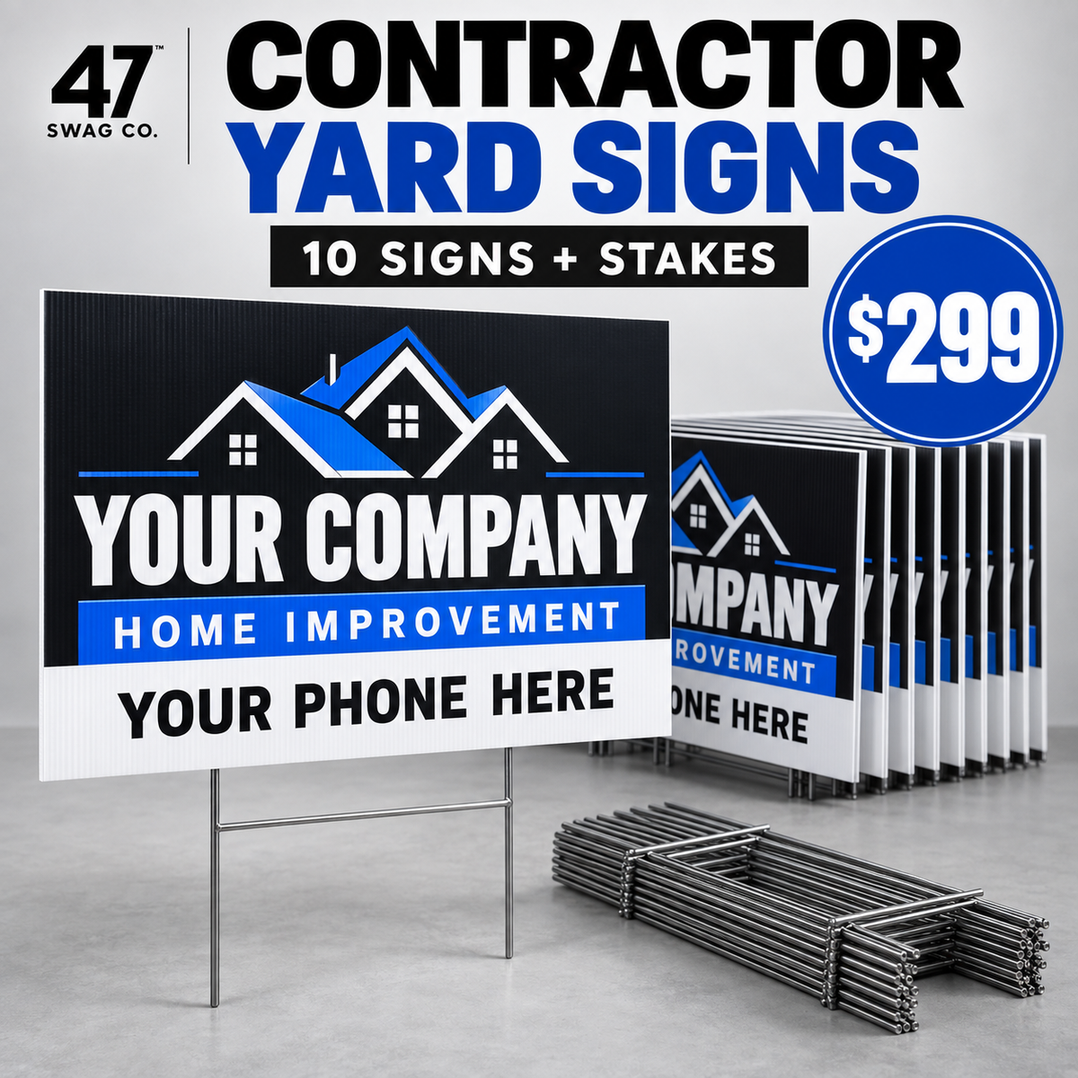 Custom Contractor Yard Signs — 10-Pack with Stakes — sample personalized design, from $299