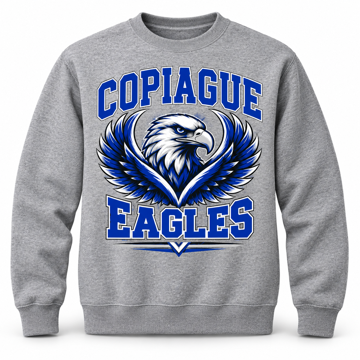 Copiague Eagles Crest Crewneck Sweatshirt in Heather Gray, front view