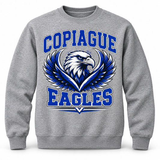 Copiague Eagles Crest Crewneck Sweatshirt in Heather Gray, front view