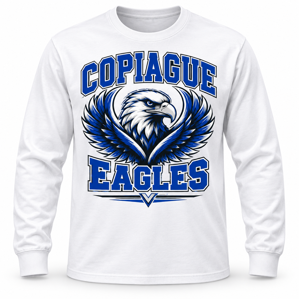 Copiague Eagles Collegiate Long Sleeve Tee in White, front view