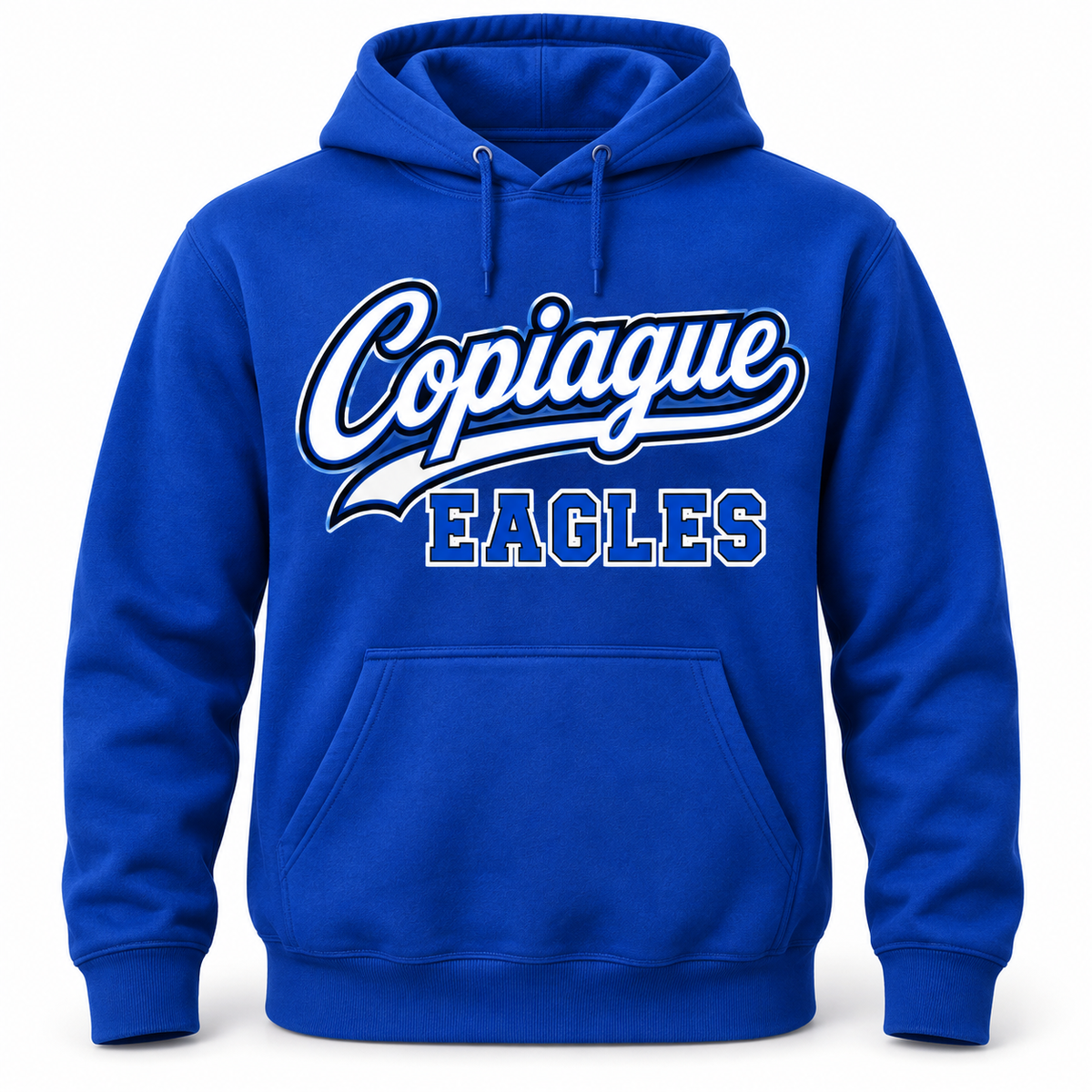 Copiague Eagles Script Pullover Hoodie in Royal Blue, front view