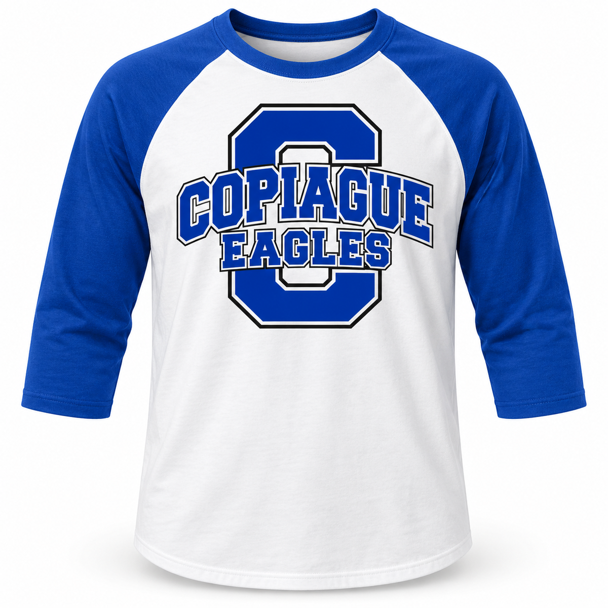Copiague Eagles Raglan Baseball Tee in White / Royal Blue, front view