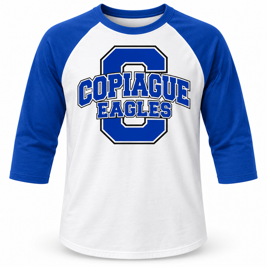 Copiague Eagles Raglan Baseball Tee in White / Royal Blue, front view