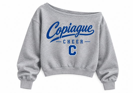 Copiague Cheer Women's Heritage Script Off-Shoulder Crop Sweatshirt in Heather Gray