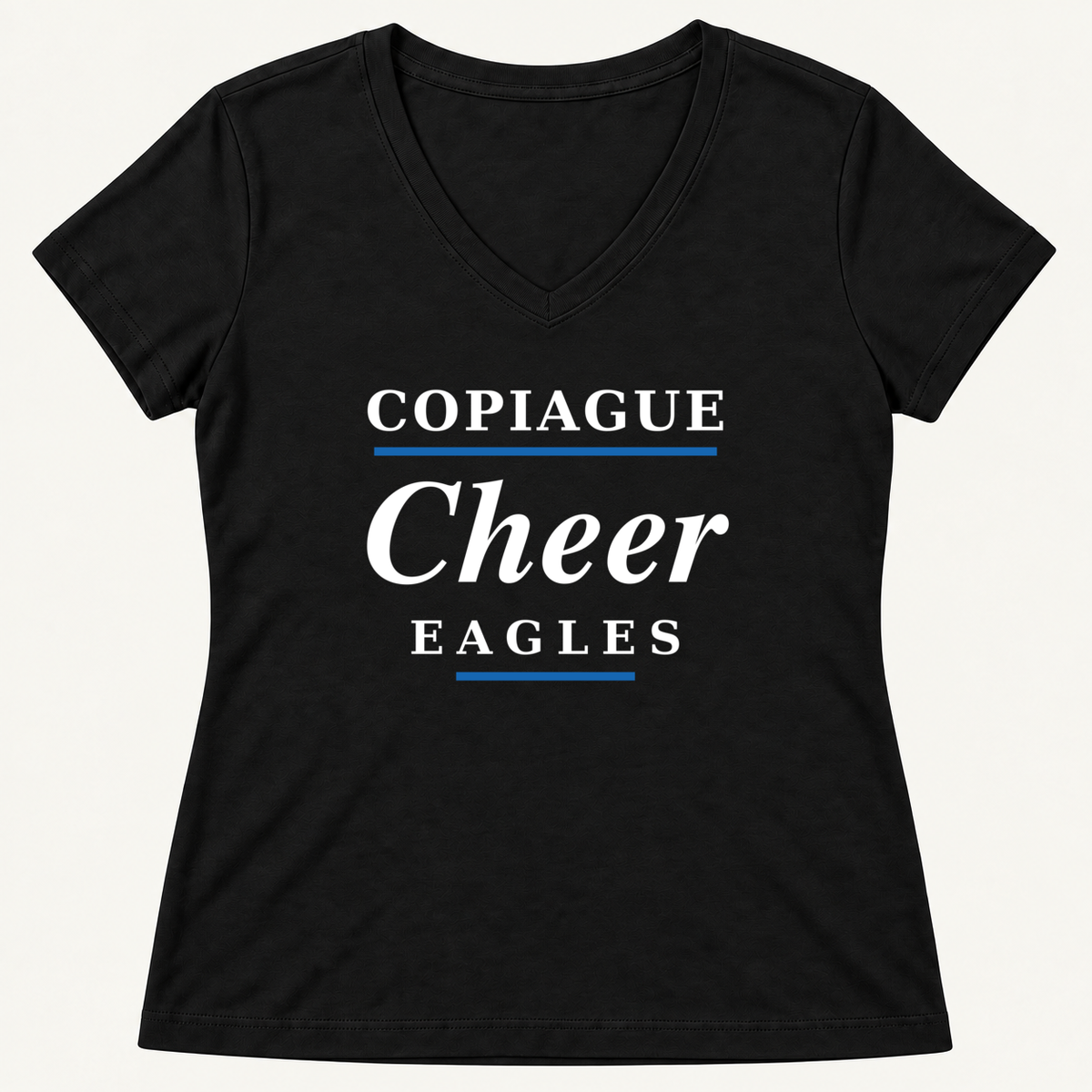 Copiague Eagles Cheer women's Jet Black V-neck with white and royal blue collegiate typography