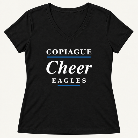 Copiague Eagles Cheer women's Jet Black V-neck with white and royal blue collegiate typography