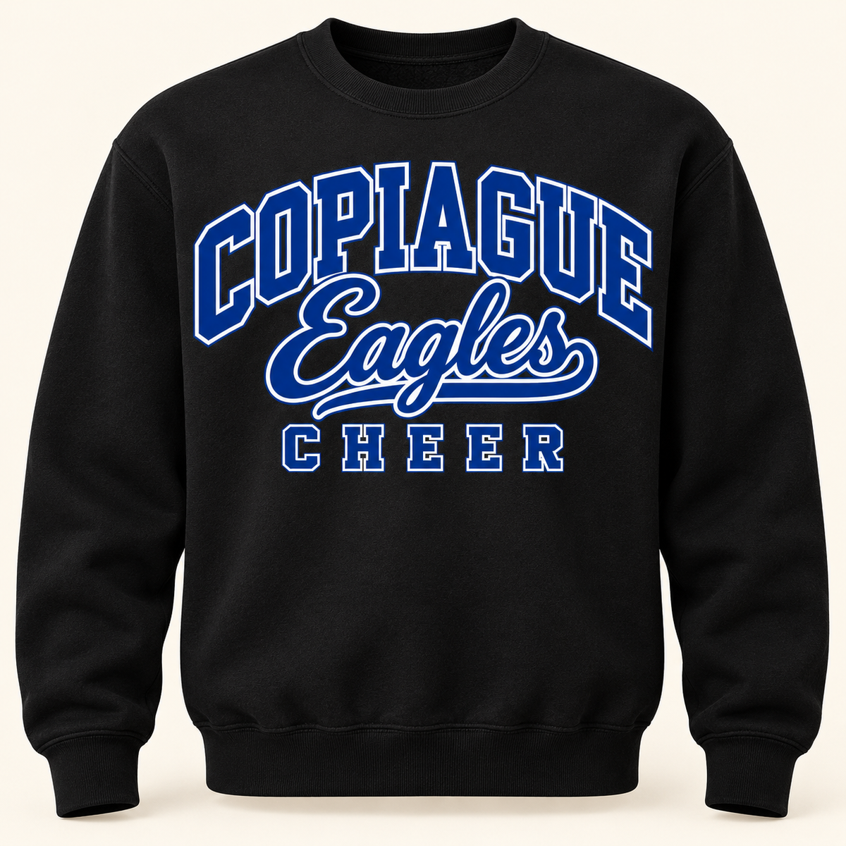 Jet Black Copiague Eagles Cheer classic varsity script adult crewneck, front view