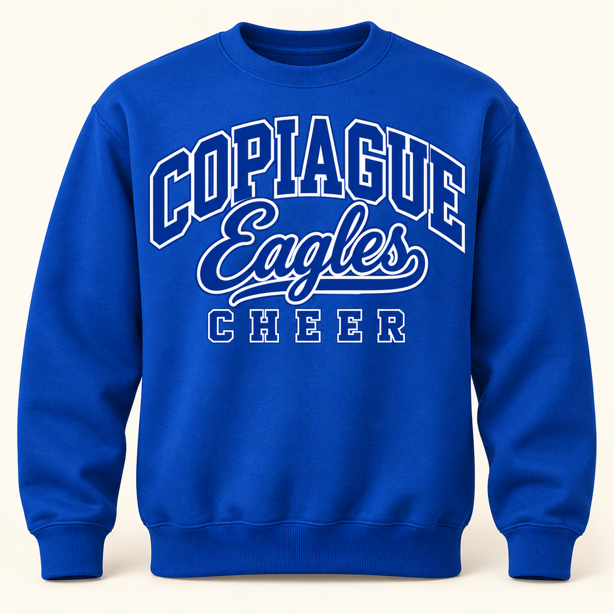 Royal Copiague Eagles Cheer classic varsity script adult crewneck, front view