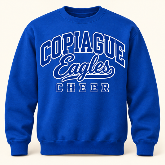 Royal Copiague Eagles Cheer classic varsity script adult crewneck, front view