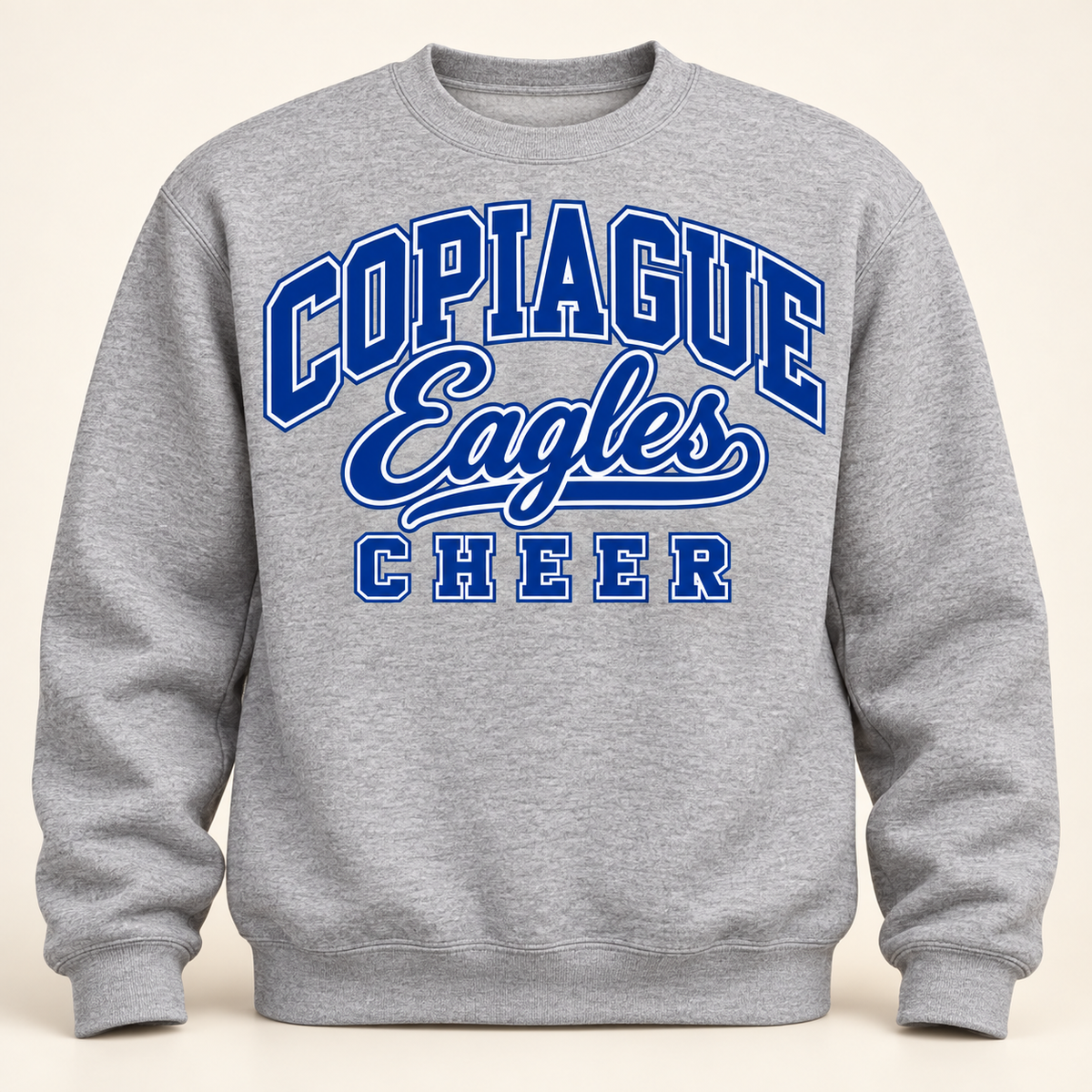 Sport Grey Copiague Eagles Cheer classic varsity script adult crewneck, front view
