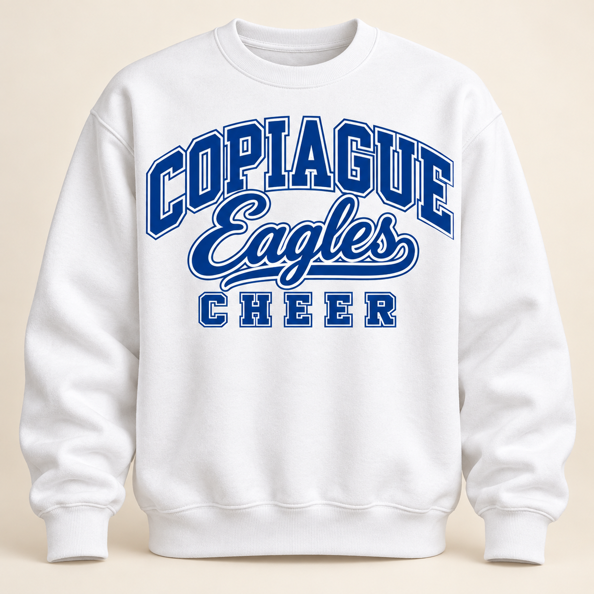White Copiague Eagles Cheer classic varsity script adult crewneck, front view