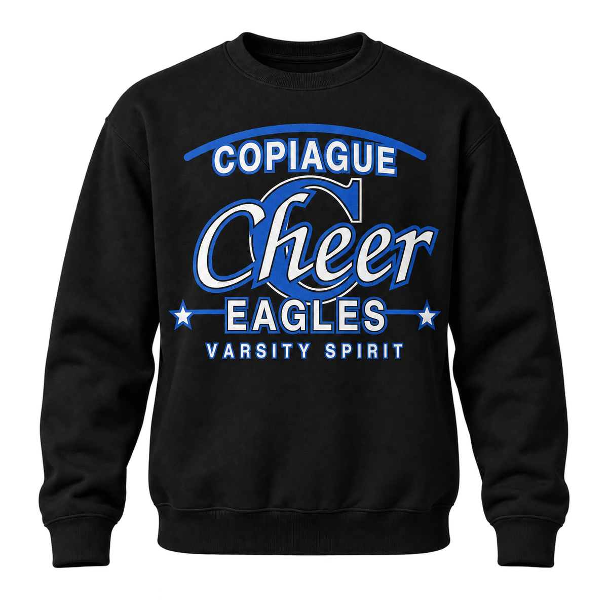 Jet Black Copiague Eagles Cheer varsity-script adult crewneck front view