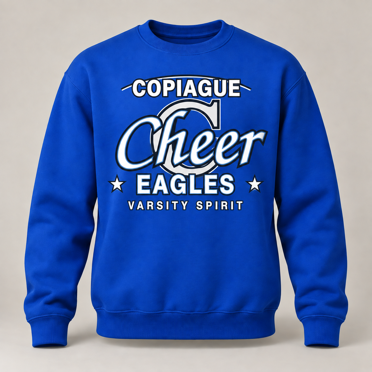 Royal blue Copiague Eagles Cheer varsity-script adult crewneck front view