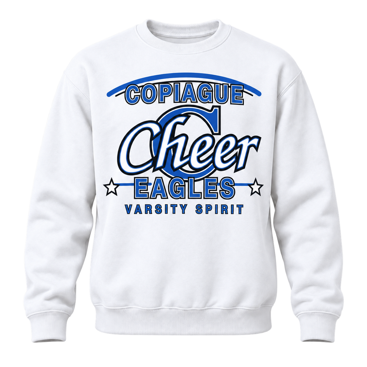 White Copiague Eagles Cheer varsity-script adult crewneck front view