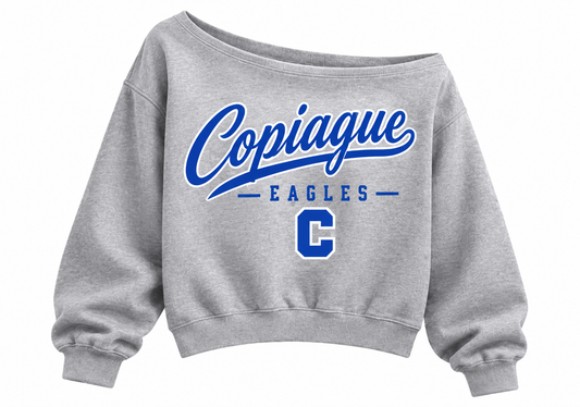 Copiague Eagles Women's Heritage Script Off-Shoulder Crop Sweatshirt in Heather Gray
