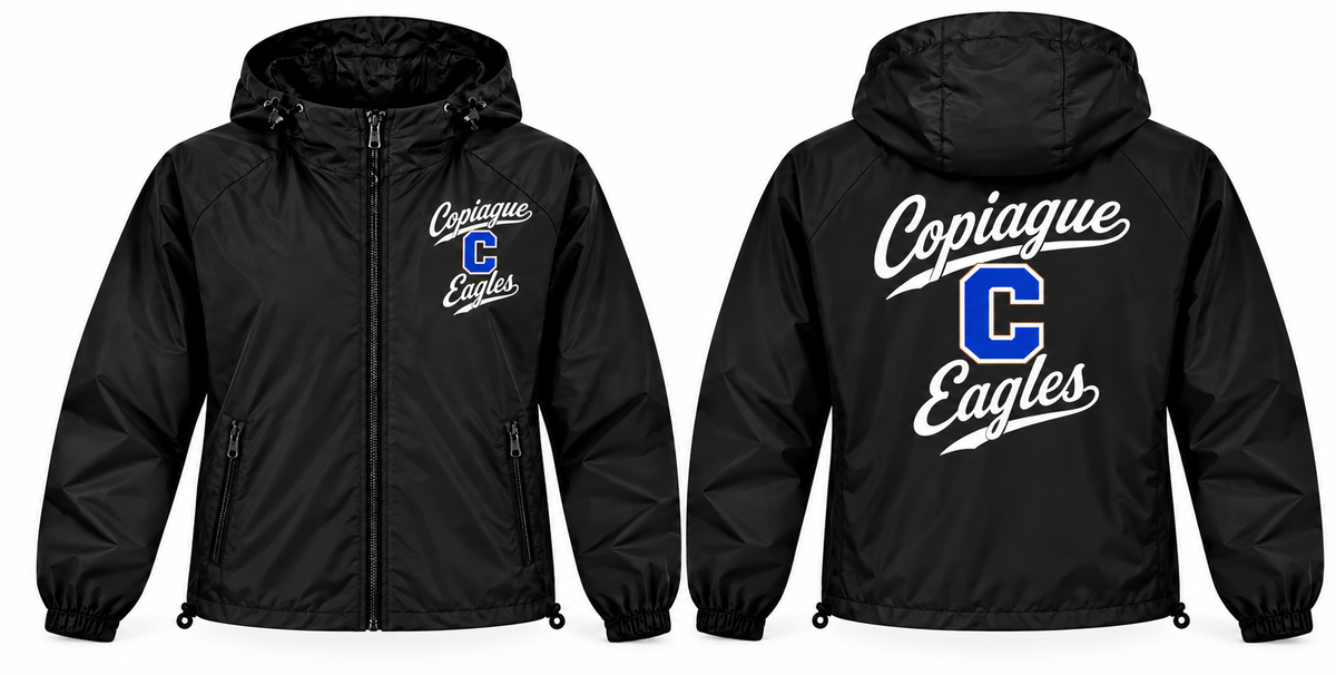 Copiague Eagles black full-zip windbreaker front and back