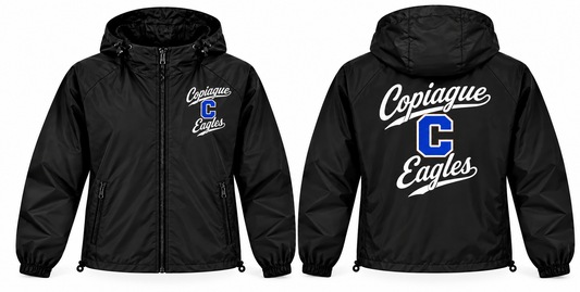 Copiague Eagles black full-zip windbreaker front and back
