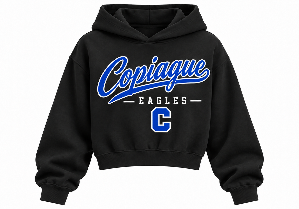 Copiague Eagles black cropped hoodie with white Eagles lettering