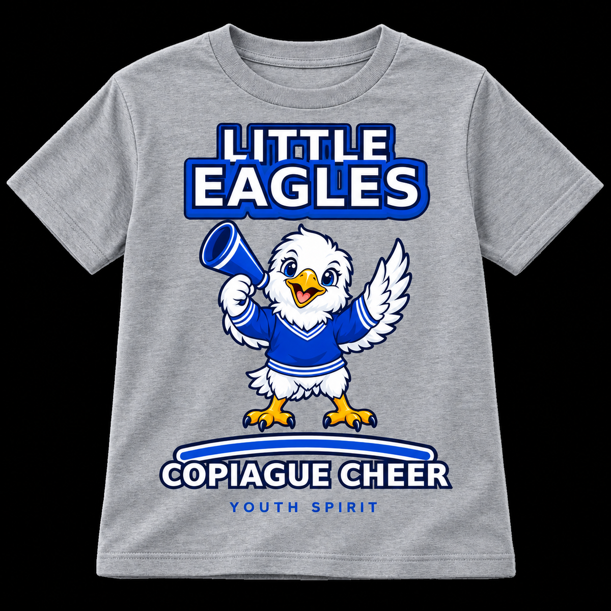 Athletic heather Copiague Little Eagles youth cheer T-shirt with original megaphone eagle artwork