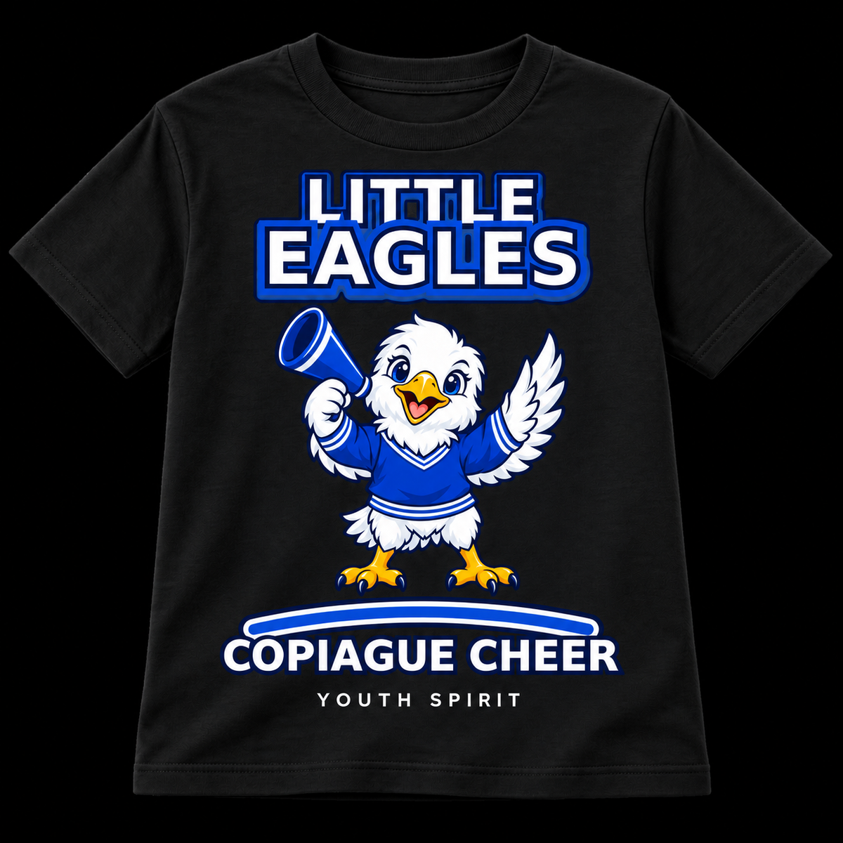 Jet black Copiague Little Eagles youth cheer T-shirt with original megaphone eagle artwork