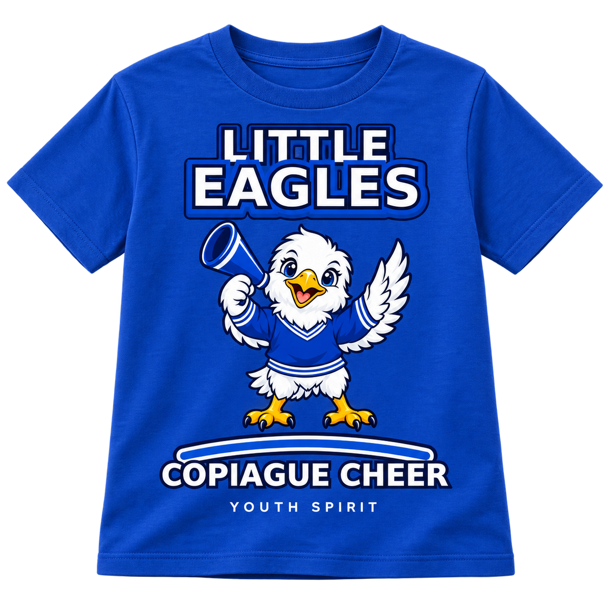 Royal blue Copiague Little Eagles youth cheer T-shirt with original megaphone eagle artwork
