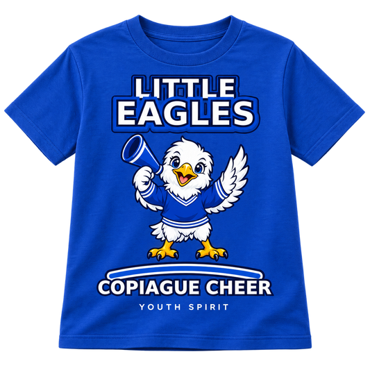 Royal blue Copiague Little Eagles youth cheer T-shirt with original megaphone eagle artwork