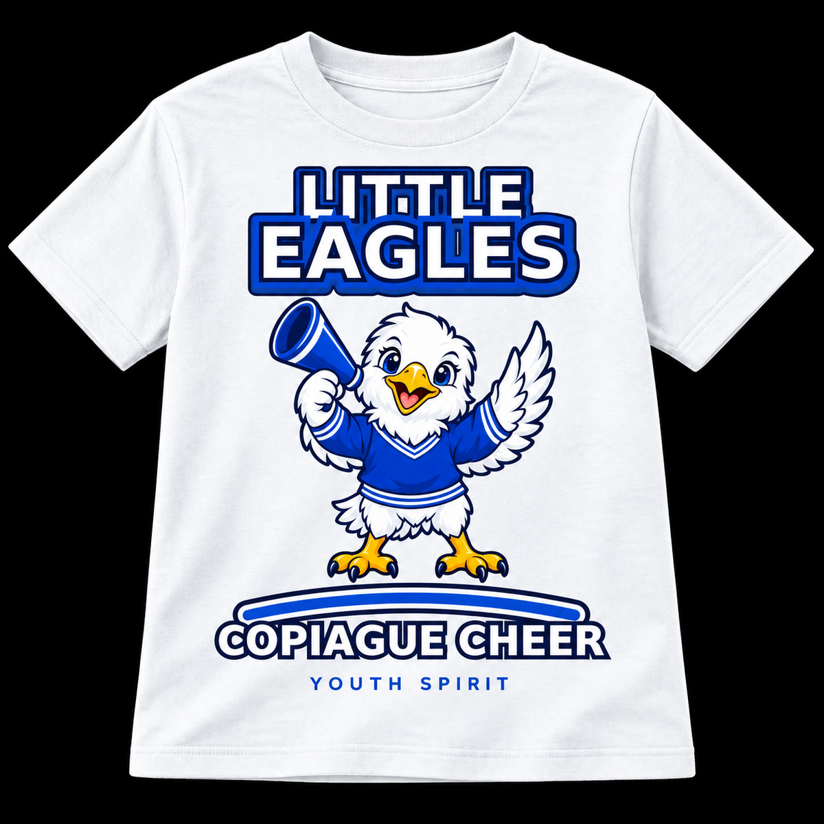 White Copiague Little Eagles youth cheer T-shirt with original megaphone eagle artwork