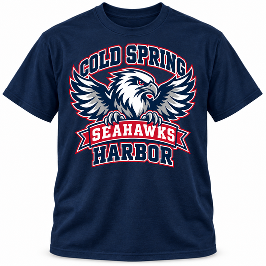 Cold Spring Harbor Seahawks Flight Crest Tee in Navy, center front print — digital mockup