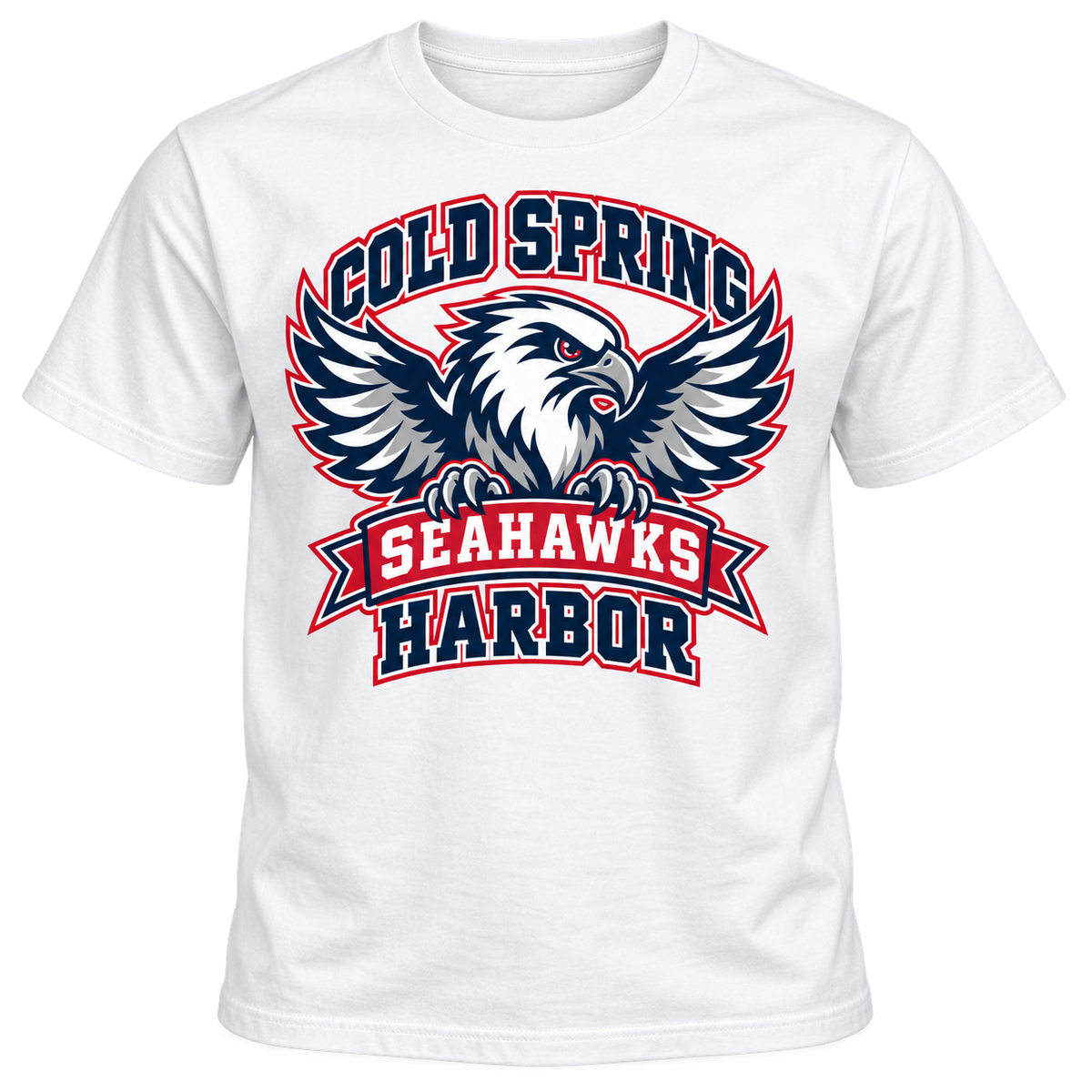 Cold Spring Harbor Seahawks Flight Crest Tee in White, center front print — digital mockup