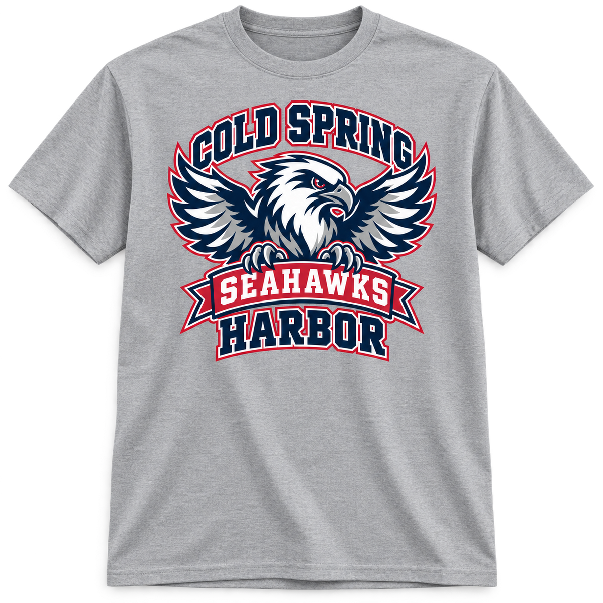 Cold Spring Harbor Seahawks Flight Crest Tee in Sport Grey, center front print — digital mockup