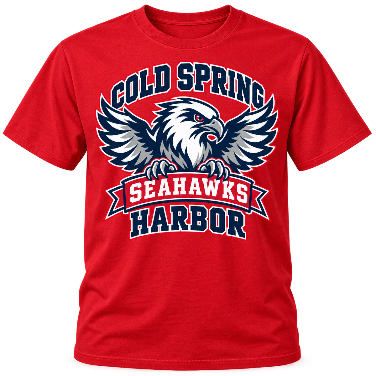 Cold Spring Harbor Seahawks Flight Crest Tee in Red, center front print — digital mockup