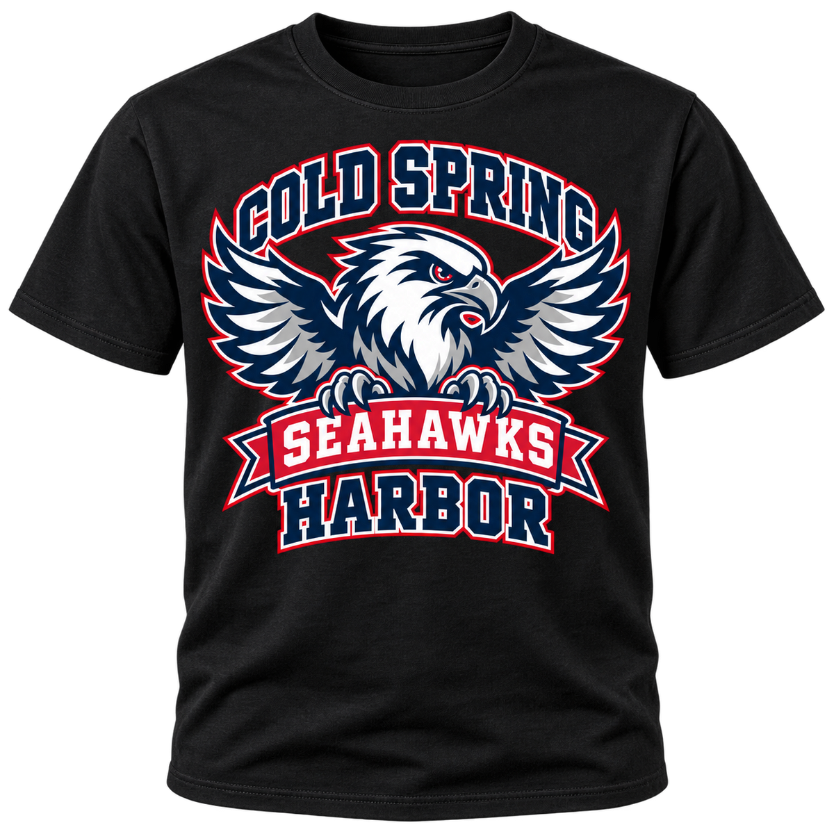 Cold Spring Harbor Seahawks Flight Crest Tee in Black, center front print — digital mockup