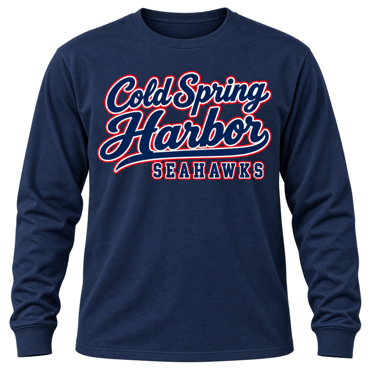 Cold Spring Harbor Harbor Club Long Sleeve in Navy; center front print — digital mockup