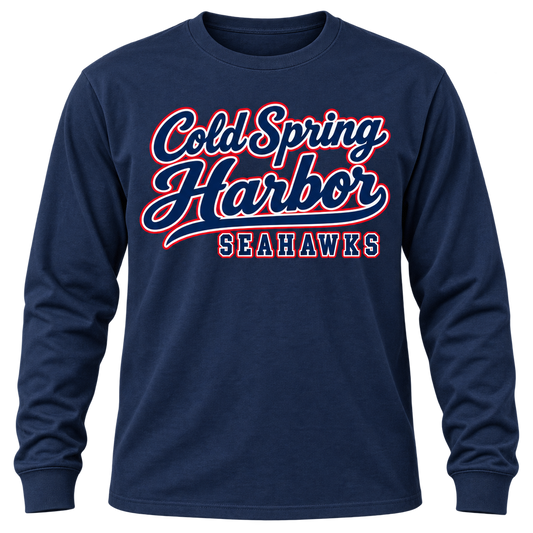 Cold Spring Harbor Harbor Club Long Sleeve in Navy; center front print — digital mockup