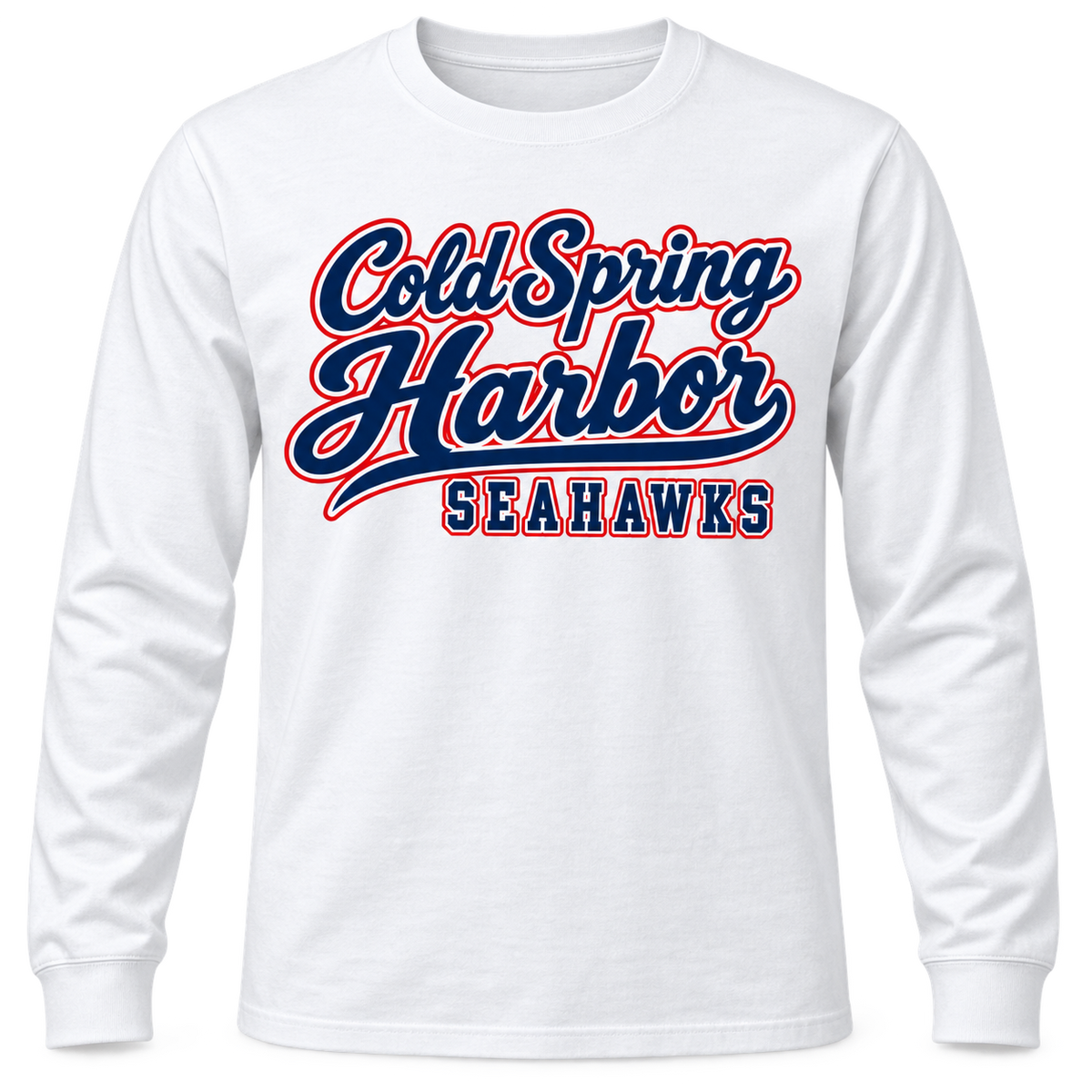 Cold Spring Harbor Harbor Club Long Sleeve in White; center front print — digital mockup