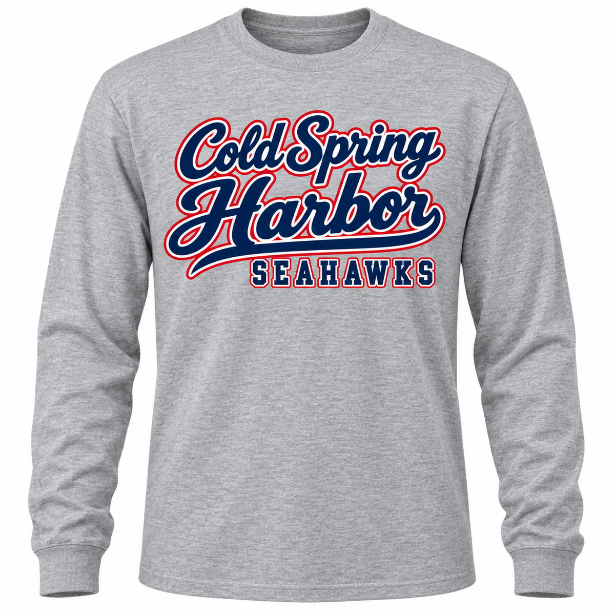 Cold Spring Harbor Harbor Club Long Sleeve in Sport Grey; center front print — digital mockup