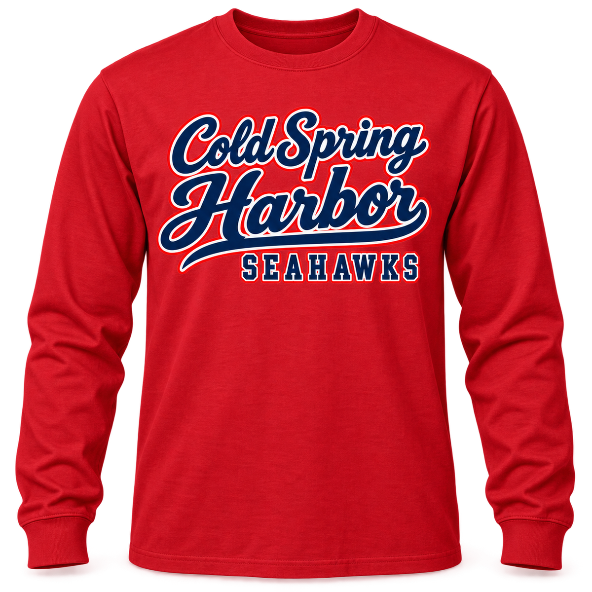 Cold Spring Harbor Harbor Club Long Sleeve in Red; center front print — digital mockup