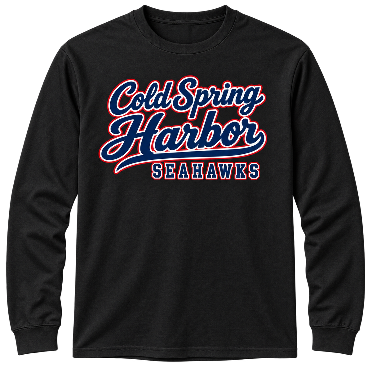Cold Spring Harbor Harbor Club Long Sleeve in Black; center front print — digital mockup