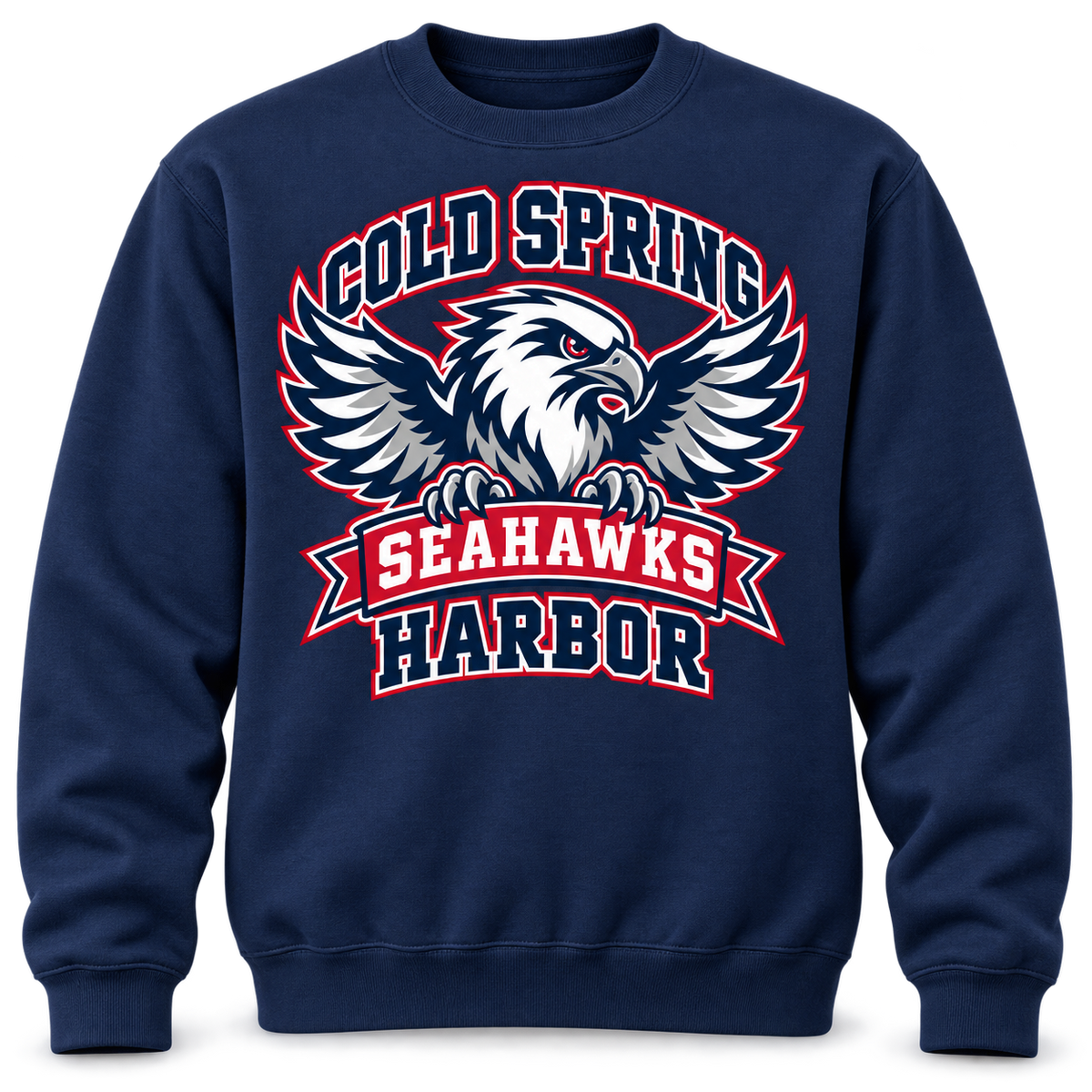 Cold Spring Harbor Seahawks Flight Crest Crewneck in Navy; center front print — digital mockup