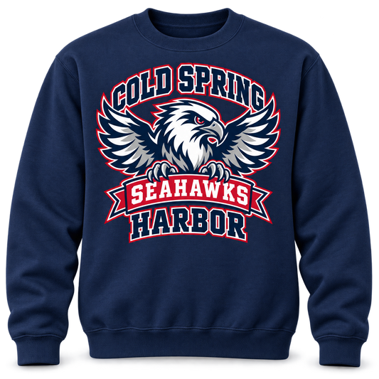 Cold Spring Harbor Seahawks Flight Crest Crewneck in Navy; center front print — digital mockup