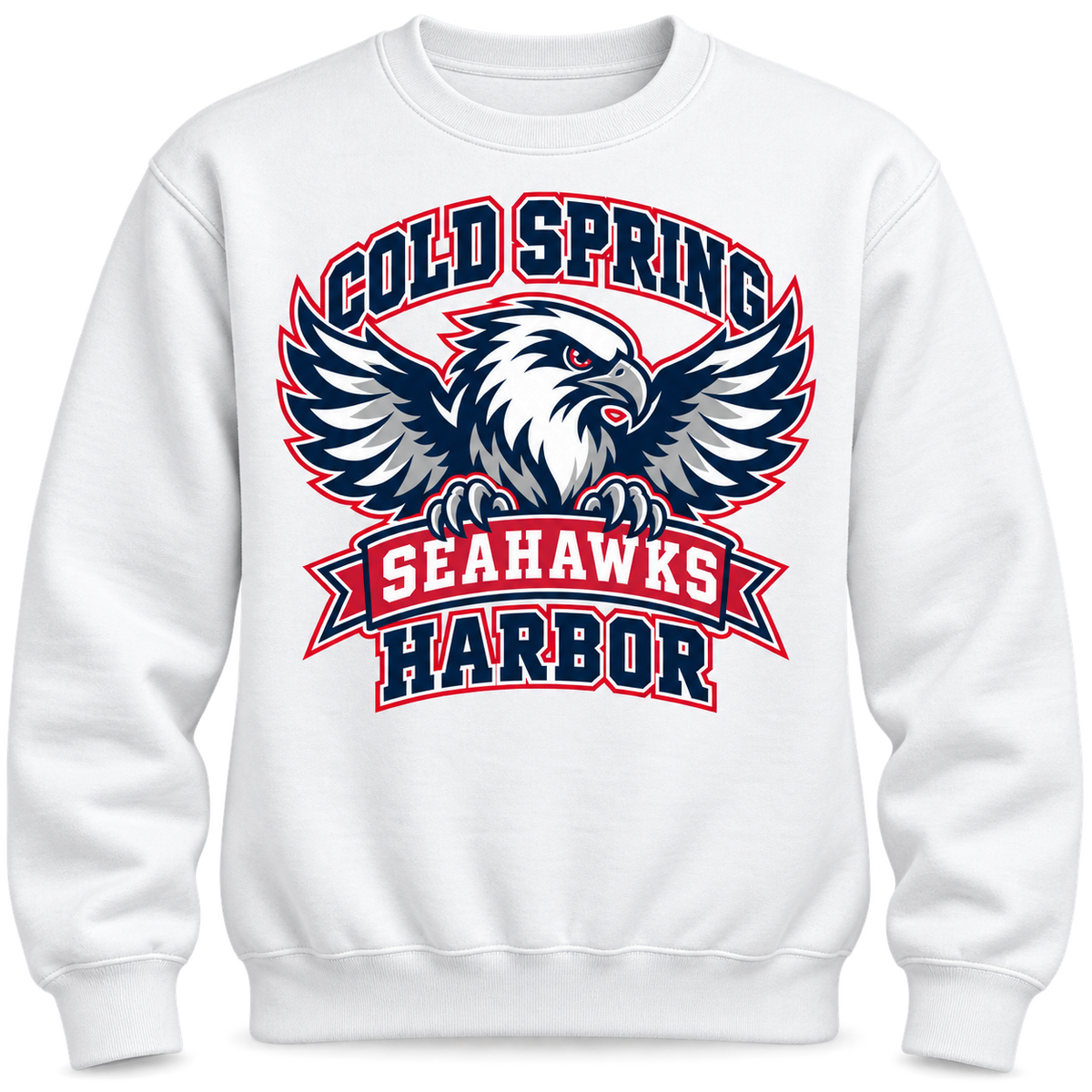 Cold Spring Harbor Seahawks Flight Crest Crewneck in White; center front print — digital mockup