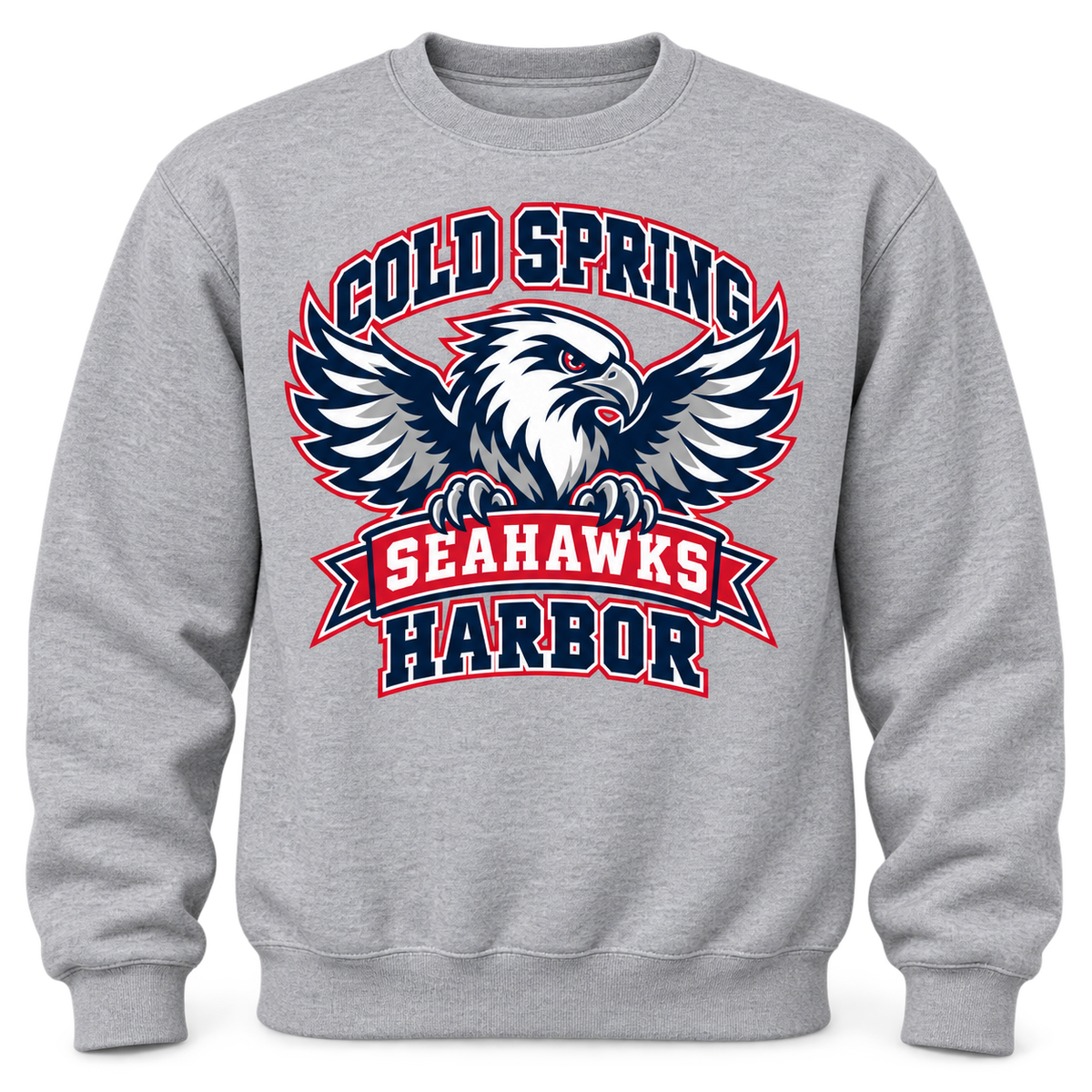 Cold Spring Harbor Seahawks Flight Crest Crewneck in Sport Grey; center front print — digital mockup