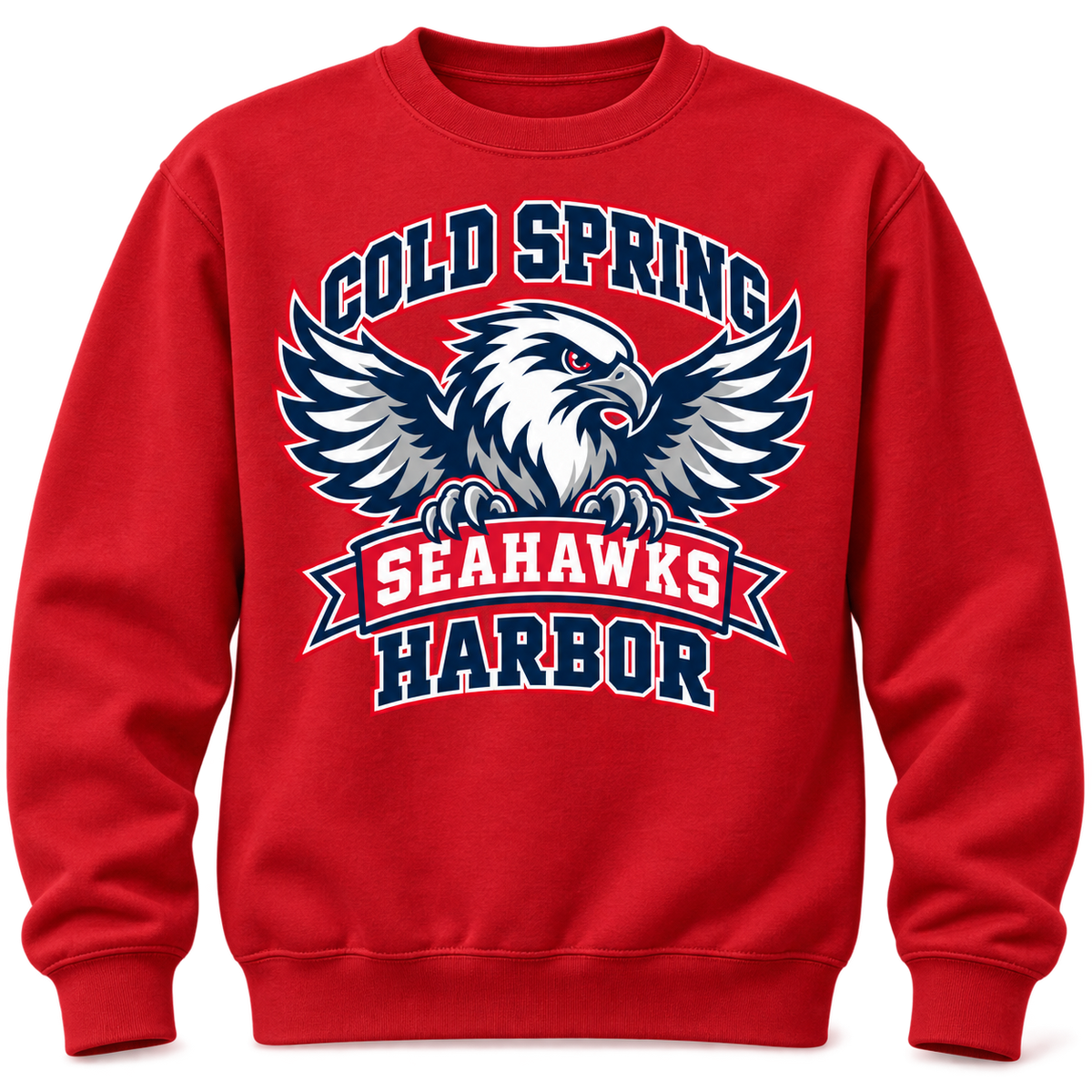 Cold Spring Harbor Seahawks Flight Crest Crewneck in Red; center front print — digital mockup